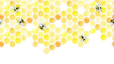 suluboya dikişsiz sınır, bal peteği ve şirin arılarla desenli. El çizimi, sarı bal peteği, çiftçilik, organik ürünler, arıcılık, bal üretimi teması. Web pankartı