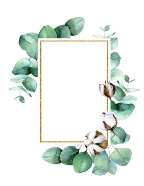 Okaliptüs yaprakları ve pamuk çiçekleri olan altın dikdörtgen bir çerçeve. Düğün dekorasyonu, davetiyeler, kartlar için klip sanatı. parfüm ve kozmetik logosu