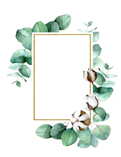 Zlatý Obdélníkový Rám Listy Akvarelu Eukalyptu Bavlněnými Květy Slavnostní Klip — Stock fotografie