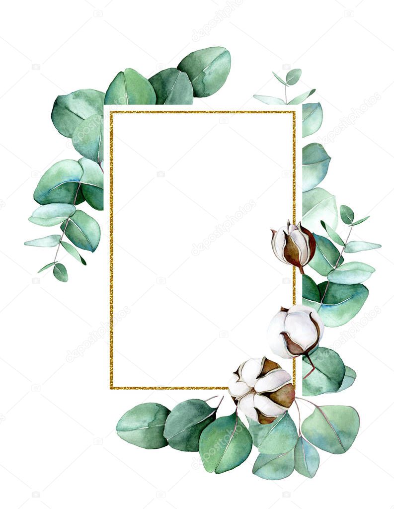 golden rectangular frame with watercolor eucalyptus leaves and cotton flowers. festive clip-art for wedding decoration, invitations, cards. perfumery and cosmetics logo