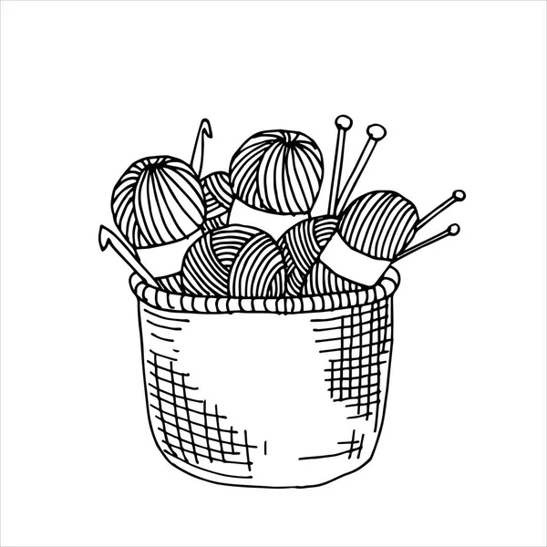 Vector Illustration Doodle Style Basket Yarn Knitting Knitting Needles Crochet — Stock Vector