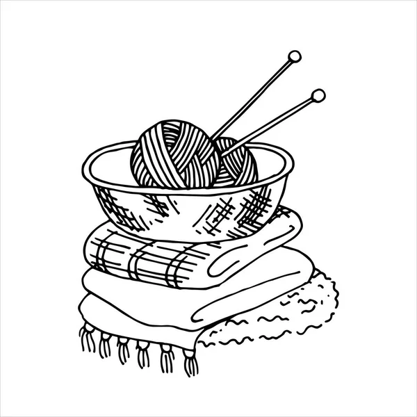 Εικονογράφηση Διάνυσμα Καλαθάκι Στυλ Doodle Νήμα Για Πλέξιμο Βελόνες Πλεξίματος — Διανυσματικό Αρχείο