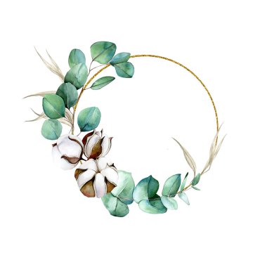 suluboya resimli altın kıvırcık çerçeve, okaliptüs yapraklı çelenk, pamuk çiçekler ve kuru yapraklar. Düğün için klasik çerçeve, kartpostallar, davetiyeler, tebrikler. sonbahar, kış süslemesi 