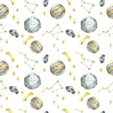 Beyaz zemin üzerinde gezegenler ve yıldızlar olan dikişsiz suluboya desen. Uzayı, takımyıldızları, ayı, satürasyonu, kuyruklu yıldızları olan çocuklar için hoş bir yazı. gülümseyen karakterler, uyku ve gece teması.