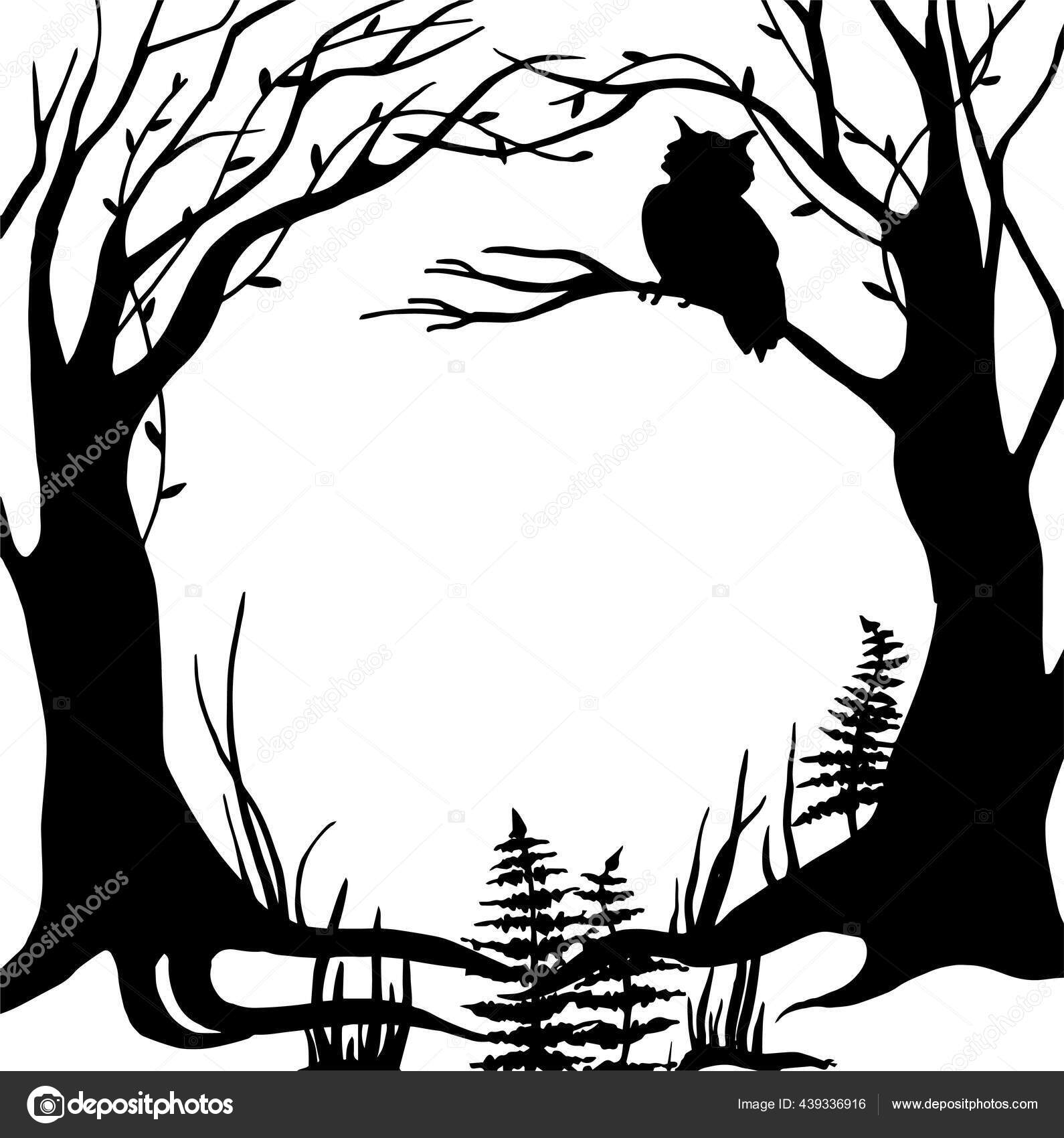 Vector Black White Illustration Frame Fabulous Magical Forest