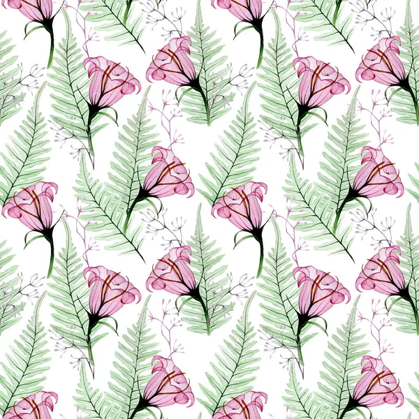 Seamless Watercolor Pattern Transparent Flowers Pink Tropical Flowers Green Fern — Stock Photo, Image