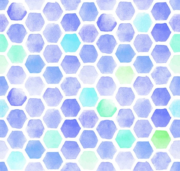 Akvarel Bezešvný Vzor Abstraktními Včelími Plásty Modré Zelené Šestiúhelníky Bílém — Stock fotografie