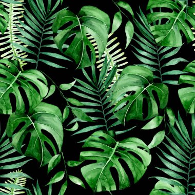 Koyu arkaplanda tropik yapraklar olan dikişsiz suluboya desen. Tropikal bitkiler, eğreltiotu yaprakları, palmiyeler, siyah arka planda yeşil canavarlar.