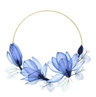 Şeffaf suluboya mavi manolya çiçekleri ve okaliptüs yapraklarıyla altın yuvarlak çerçeve. Düğün için klasik tasarım, tebrik kartı, davetiye. hassas suluboya