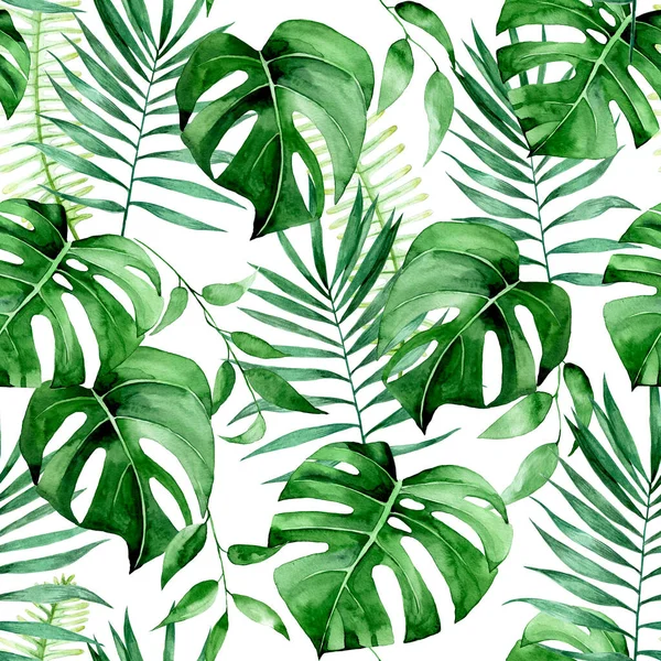 Akvarel Bezešvný Tropický Vzor Tisk Tropickými Zelenými Listy Bílém Pozadí — Stock fotografie