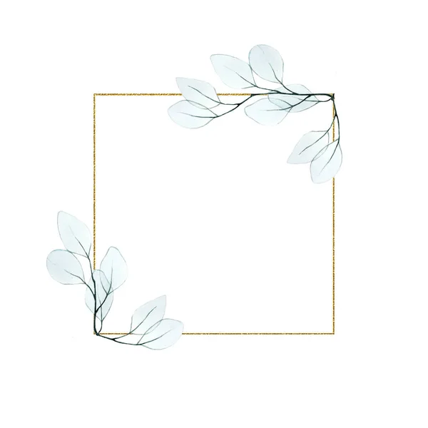 Gouden Vierkante Frame Met Aquarel Transparant Eucalyptus Bladeren Vintage Design — Stockfoto
