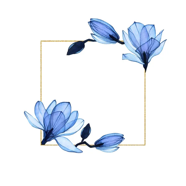 Cadre Carré Doré Avec Aquarelle Bleu Transparent Fleurs Magnolia Design — Photo