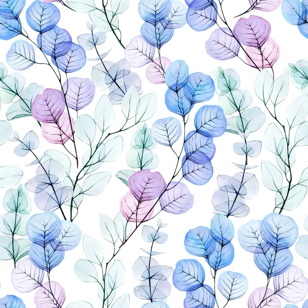 watercolor seamless pattern with transparent eucalyptus oozes. delicate watercolor, green, blue and pink leaves of tropical plants on a white background. print for wedding, holiday.
