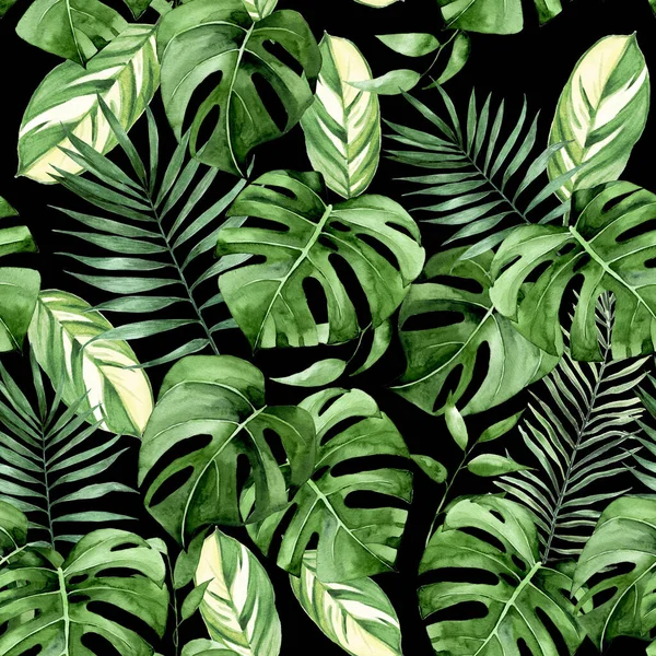 Akvarel Bezešvný Vzor Tropickými Zelenými Listy Černém Pozadí Listy Palmy — Stock fotografie