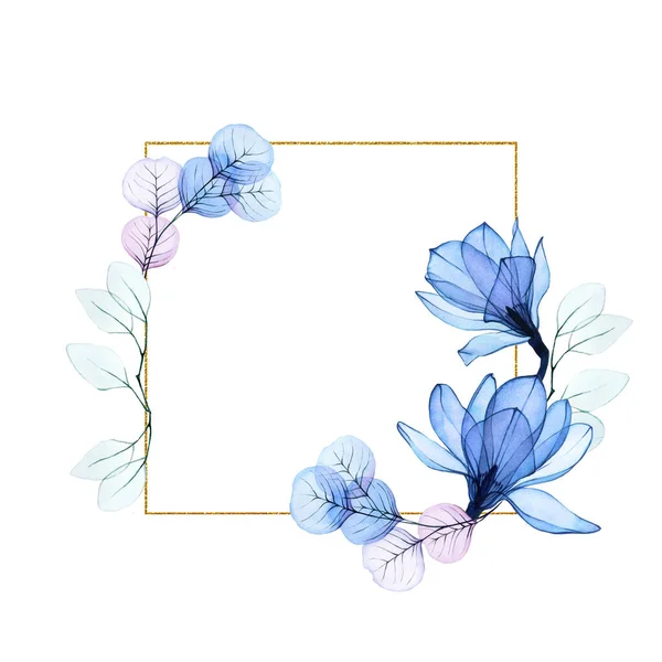 Τετράγωνο Χρυσό Πλαίσιο Διαφανή Λουλούδια Μανόλια Και Φύλλα Ευκαλύπτου Καρέ — Φωτογραφία Αρχείου