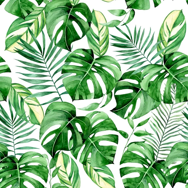 Watercolor Seamless Pattern Green Tropical Leaves White Background Palm Leaves — Stock Photo, Image