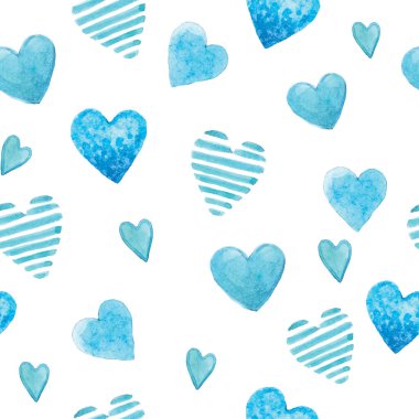 Beyaz arka planda şirin mavi kalpleri olan kusursuz suluboya desenler. Sevgililer Günü baskısı.