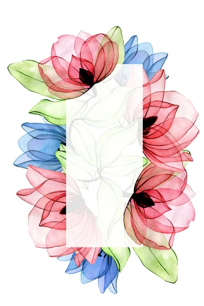 水彩透明な花で作られた長方形の垂直フレーム ピンクの野生のバラと青い野の花 ヴィンテージ風パステルカラー 結婚式のためのデザイン グリーティングカード 香水や化粧品のロゴ — ストック写真