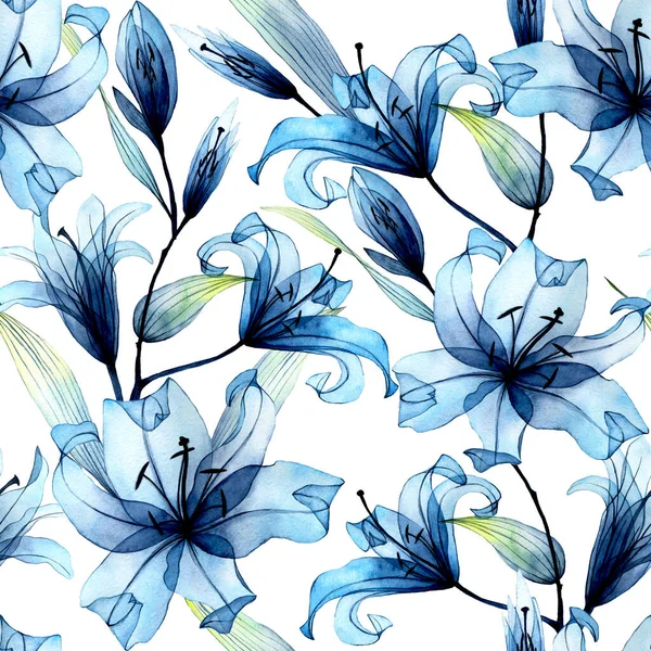 Aquarelloos Patroon Met Transparante Bloemen Blauwe Lelies Een Witte Achtergrond — Stockfoto