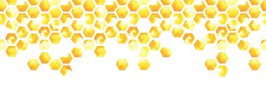 Suluboya çizimi kusursuz sınır, web pankartı. Bal peteği sarısı, soyut baskı. Beyaz arka planda boya lekeleri olan karo, geometrik desen