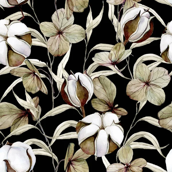 有干叶 枝条和花朵的无缝水彩图案 干燥的花 棉花花和绣花在黑暗的背景上 织物印花 壁纸制 — 图库照片