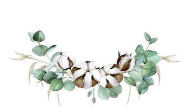 suluboya kuru otlar, okaliptüs yaprakları ve pamuk çiçekleri çiziyor. Mesajlar için ayırıcı, düğün için dekorasyon, tebrik kartı, davetiye. Yaprak ve çiçeklerin kırsal sonbahar kompozisyonu