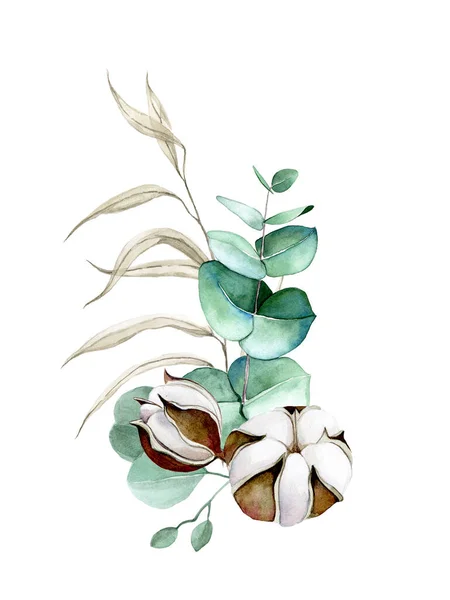 Aquarellzeichnung Von Hand Ein Strauß Aus Baumwollblüten Eukalyptusblättern Und Getrockneten — Stockfoto