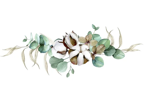 Aquarell Zeichnung Bouquet Von Trockenen Kräutern Eukalyptusblätter Und Baumwollblüten Trennwand — Stockfoto