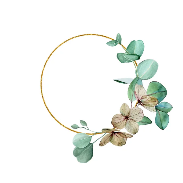 Ronde Gouden Lijsten Met Aquarel Eucalyptus Bladeren Katoenen Bloemen Clipart — Stockfoto