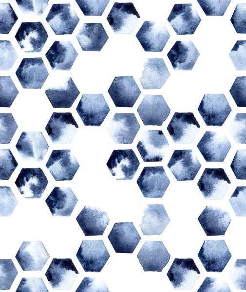 白を基調とした六角形のシームレスな水彩模様 青絵具藍の汚れの抽象的なプリント ハニカムタイル — ストック写真