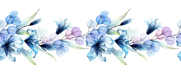 Akvarel Kreslení Hladké Okraje Průhlednými Liliovými Květy Listy Eukalyptu Abstraktní — Stock fotografie