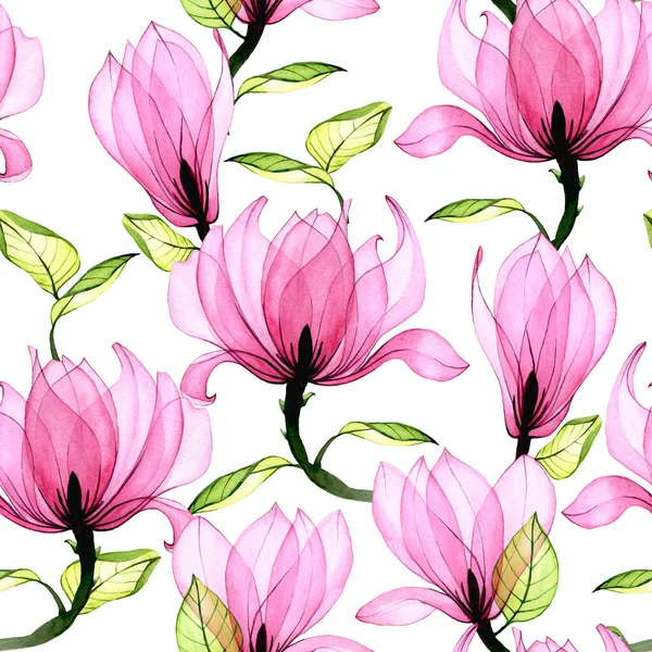 Akvarel Bezešvný Vzor Průhlednými Květy Magnólie Růžové Magnólie Bílém Pozadí — Stock fotografie