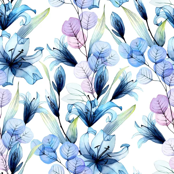 watercolor seamless pattern with transparent flowers. blue lily flowers pink eucalyptus leaves on a white background. delicate pattern, design of fabric, textile, wallpaper, wedding