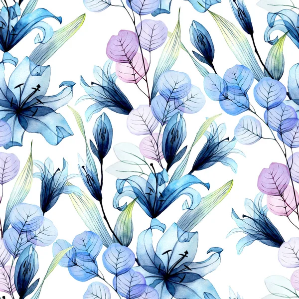 Aquarell Nahtloses Muster Mit Transparenten Blumen Blaue Lilie Blüht Rosa — Stockfoto