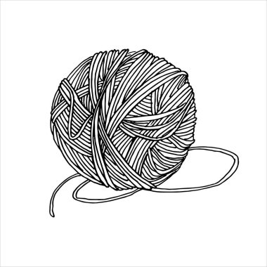 Karalama tarzında vektör çizimi. Örgü örmek için iplik yumağı. Yün iplik yumağı, dikiş, hobi, örgü ve örgünün sembolüdür. Logo.