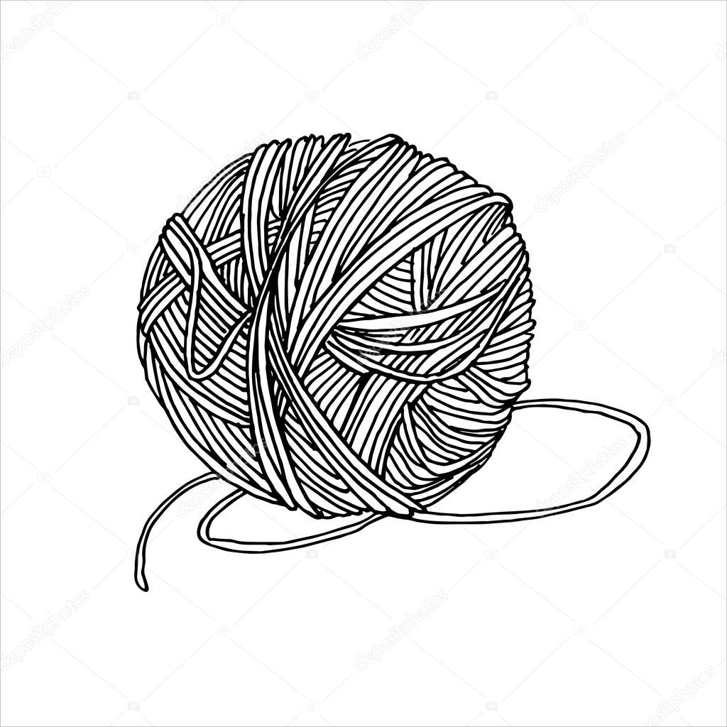Vector drawing in the style of doodle. a ball of yarn for knitting. a ball of woolen thread is a symbol of needlework, hobby, knitting and crocheting. the logo