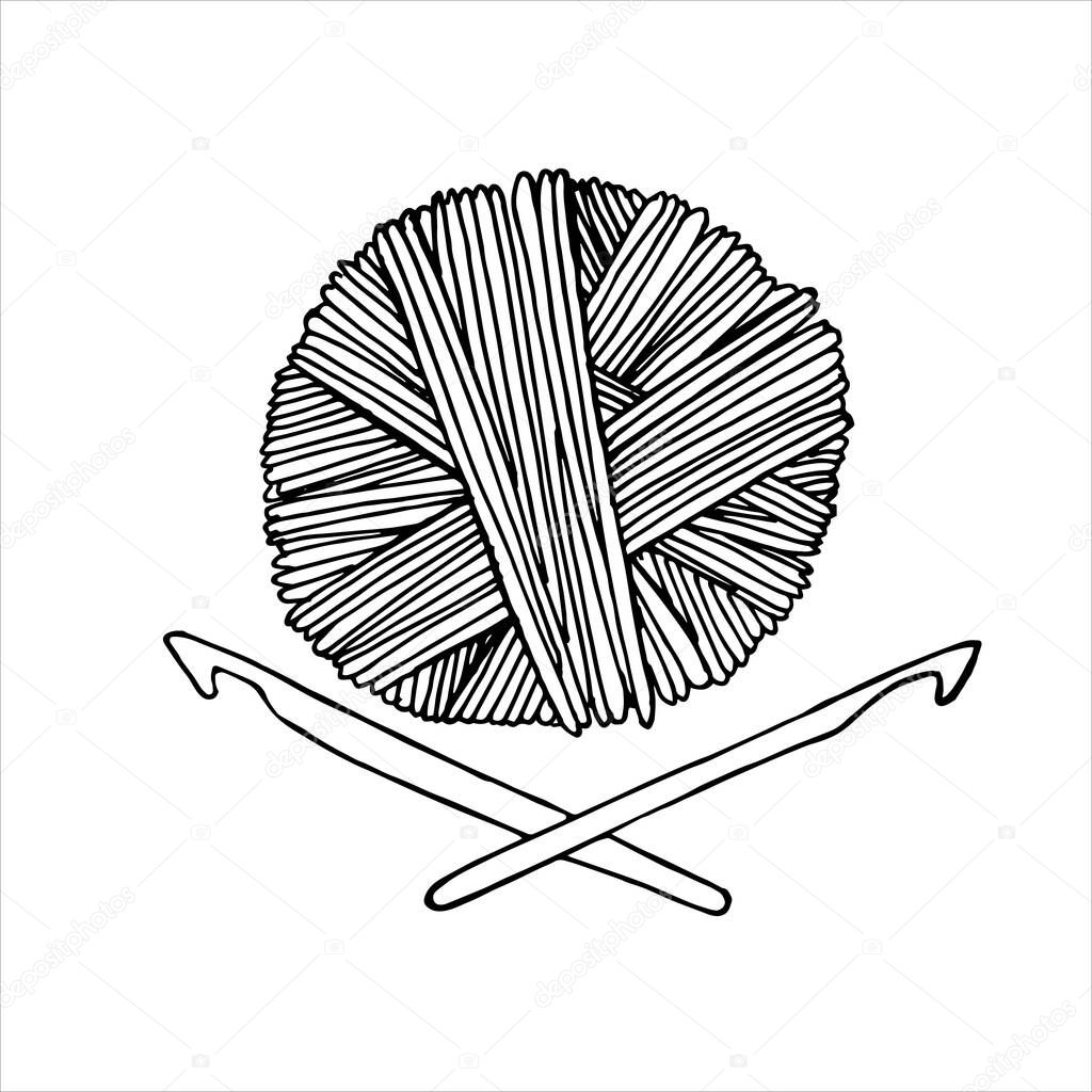 vector drawing in the style of doodle. a ball of yarn for knitting and a crochet hook. a ball of woolen thread is a symbol of needlework, hobby, knitting and crocheting. the logo