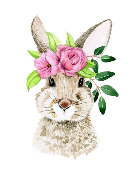 Paskalya tavşanlı tatlı suluboya çizimi. Gerçekçi bir tavşan çizimi, bahar çiçekli bir tavşan. Paskalya 'nın sembolü, bahar. Çocuklar için güzel bir çizim. Kartpostallar için dekorasyon, klip sanatı
