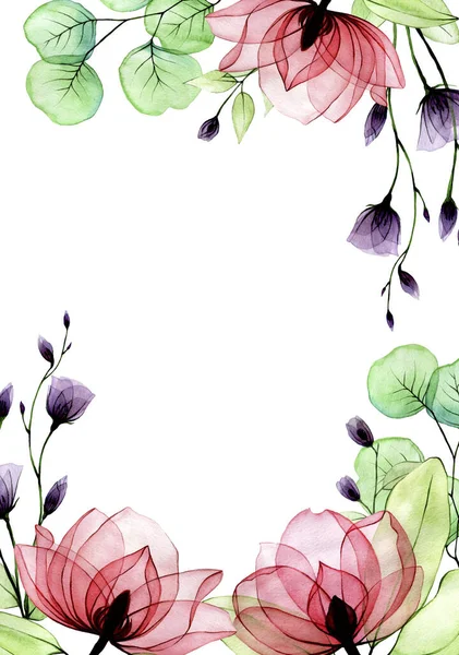 Rechthoekig Frame Met Aquareltransparante Bloemen Een Witte Achtergrond Transparante Roze — Stockfoto