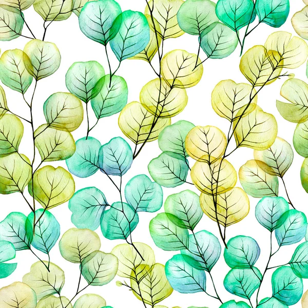 Okaliptüs Yapraklı Dikişsiz Suluboya Desen Mavi Yeşil Sarı Renkli Saydam — Stok fotoğraf