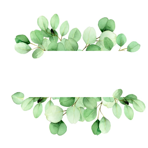 Rahmen Aus Blättern Und Zweigen Von Eukalyptus Aquarell Gemalt Grüne — Stockfoto
