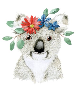 Şirin koalanın suluboya portresi. Tropikal bir hayvanın şirin bir parçası, koala, çiçeklerden bir çelenkle. çocuklar için çizim