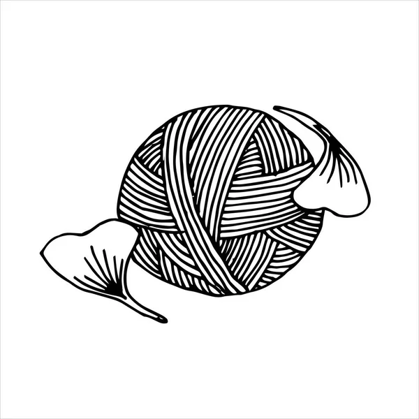 矢量插图在Doodle风格 一个羊毛和银杏叶的小球 简单的标志 带有毛球的图标用于针织 针线活 生态符号 — 图库矢量图片