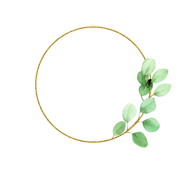 Okrągła Złota Ramka Zielonymi Liśćmi Eukaliptusa Białym Tle Minimalny Design — Zdjęcie stockowe