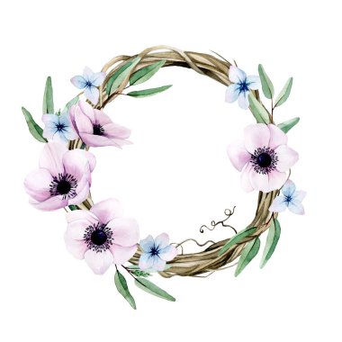 Dal dalları, şakayık çiçekleri, ortanca ve okaliptüs yapraklarından oluşan suluboya çelenkler beyaz arka planda izole edilmiş. İlkbahar, yaz temalı hoş bir klişe. Anneler Günü, Paskalya