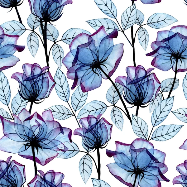 Watercolor Seamless Pattern Transparent Flowers Leaves Rose Blue Pink White — Stock fotografie