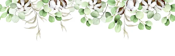 Aquarell Nahtlose Bordüre Rahmen Banner Mit Eukalyptusblättern Baumwollblumen Und Trockenen — Stockfoto