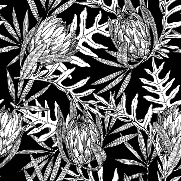 seamless black-white graphic pattern with tropical flowers and leaves. protea flowers and palm leaves on a black background. line drawing with hatching