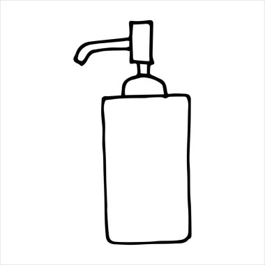 Çizim tarzında vektör illüstrasyonu. Dezenfektan, sabun, temizlik maddesi, temizlik, vücut bakımı, hijyen malzemesi. clipart beyaz arkaplanda izole edildi