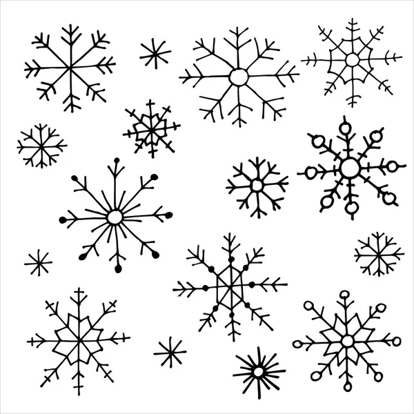一套简单的涂鸦式雪花线条绘图 圣诞装饰品 以丑闻风格出现的雪花 白色背景隔离 — 图库矢量图片